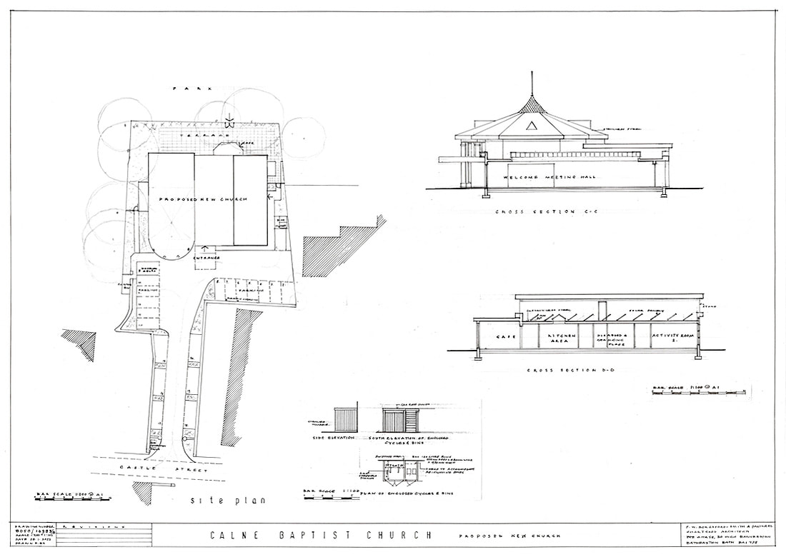 Calne Baptist Church - Site plan and section through side elevations.