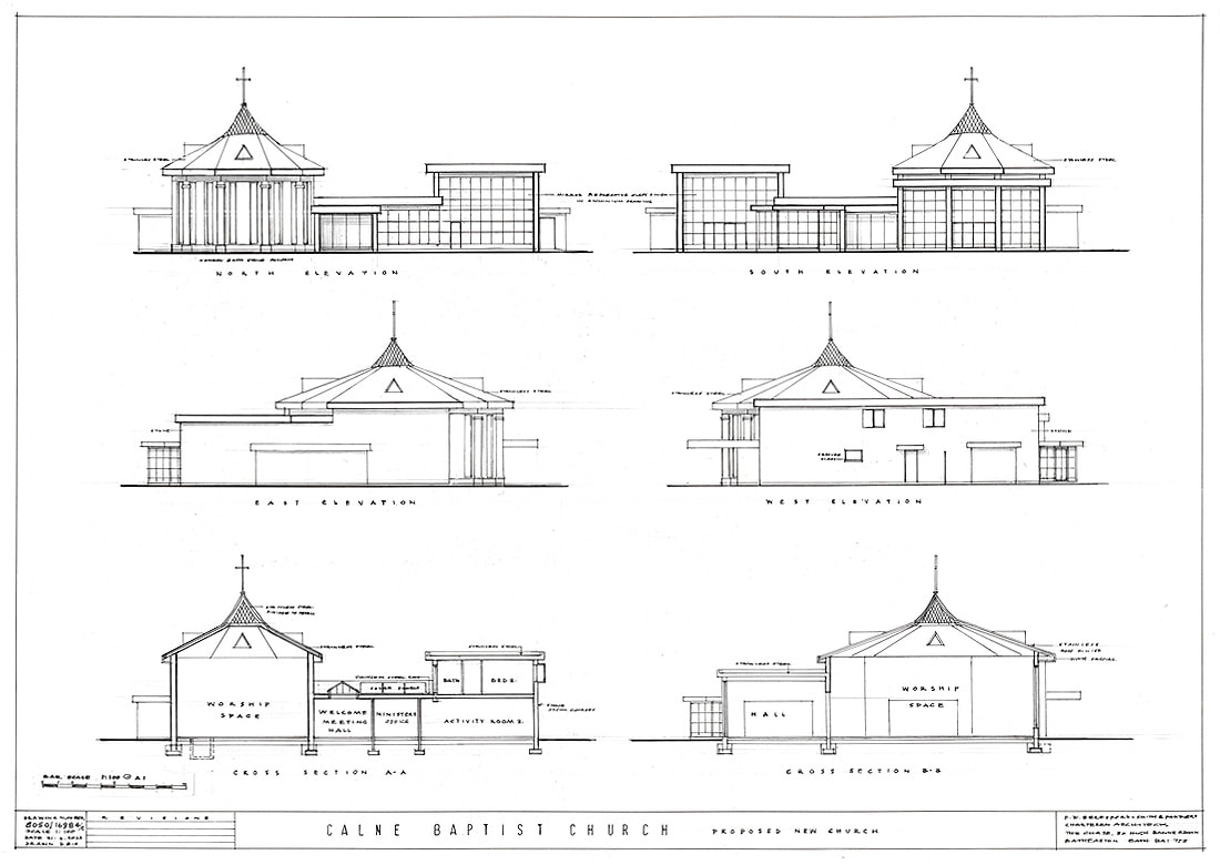 Calne Baptist Church - Front, back and side elevations with section through front and back elevations.